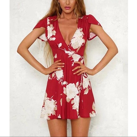 Boutique Dresses & Skirts - Ruby Red Floral Print Deep V-Neck Mini Dress